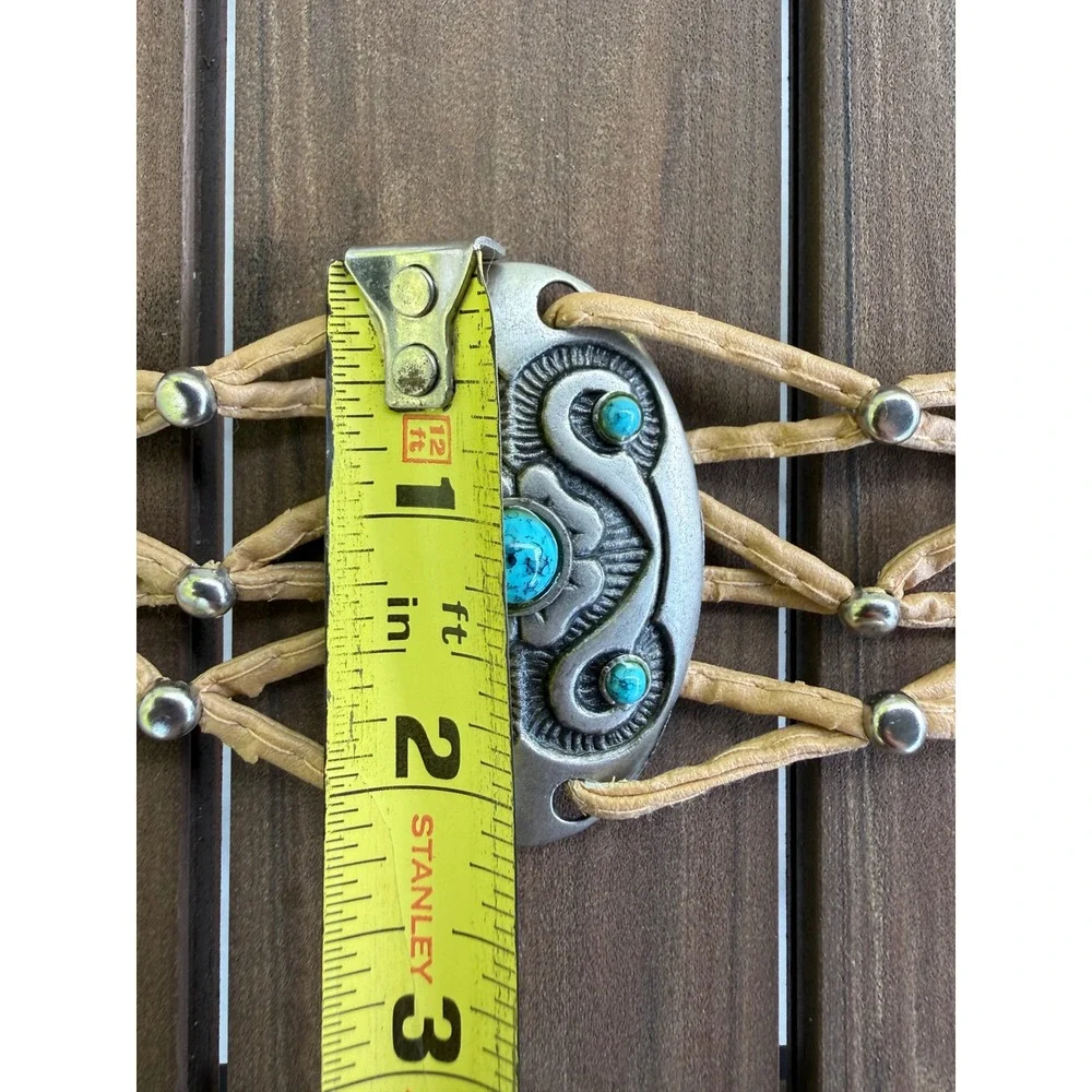 Western Boho Tan Faux Leather Tie Belt Turquoise Silver Concho Medallions Fringe